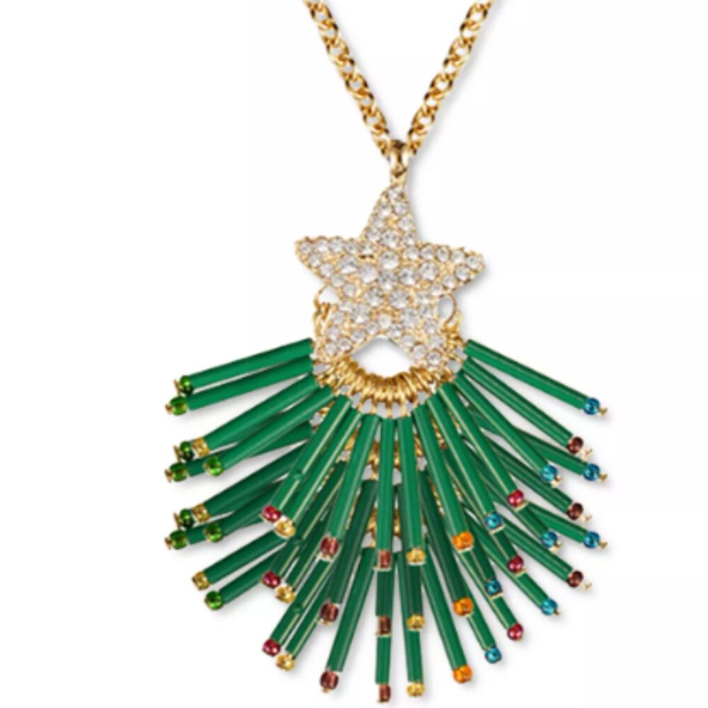 I.N.C. Holiday Lane Gold-Tone Pavé Star & Beaded Tree Top Long Pendant Necklace